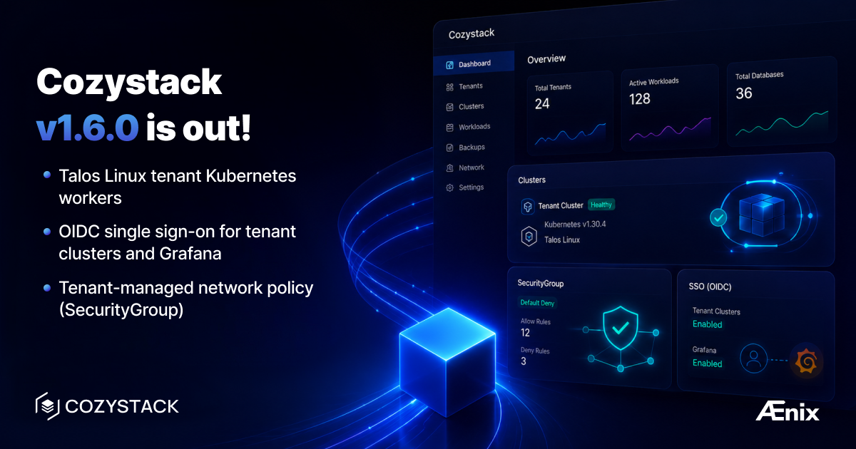 Cozystack v1.6.0 release banner — Talos workers, tenant SSO, security groups, hierarchical quotas